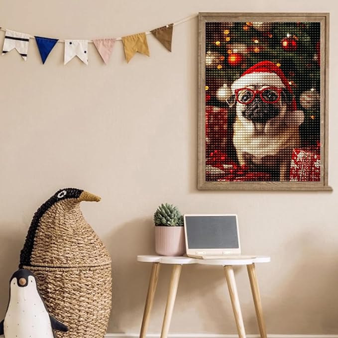 Pug with Glasses Diamond Painting Kits for Beginner, 5d DIY Diamond Painting Kits for Adult Christmas, Paint by Number Without Frame Home Wall Decor 12 * 18Inch