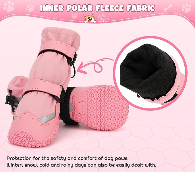 Dog Shoes, Waterproof Dog Boots & Paw Protectors, Breathable Dog Booties with Anti Slip Sole for Winter Snowy Day, Rainy Weather Indoor and Outdoor (Size 4, Pink)