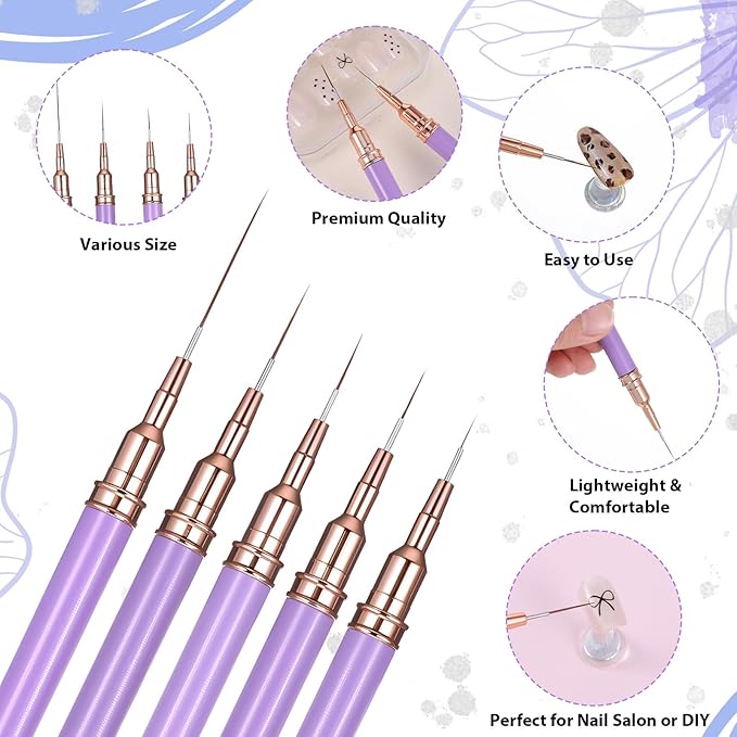 5PCS Nail Liner Brushes, Metallic Nail Art Brushes Set, Superfine Liner Brush Kit for Gel Polish, Detail Painting and Drawing, Professional Nails Salon Tools