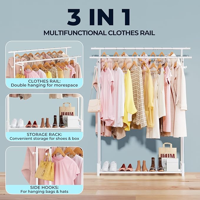 Clothes Rack for Hanging Cloth,Double Rods Metal Clothes Rack with Storage Shelf and Coat/Hat Hook, Freestanding Clothing Rack for Bedroom, Laundry, Cloakroom, White
