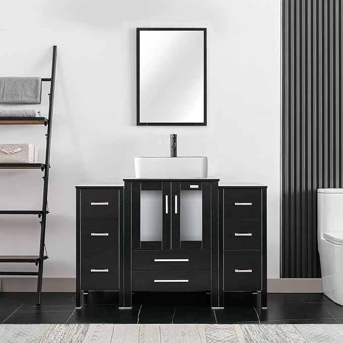 eclife 48" Modern Bathroom Vanity Sink Combo Freestanding Cabinet with Small Side Cabinet, White Black Ceramic Vessel Sink, Water Save Faucet, Drain (Black+T03BK)