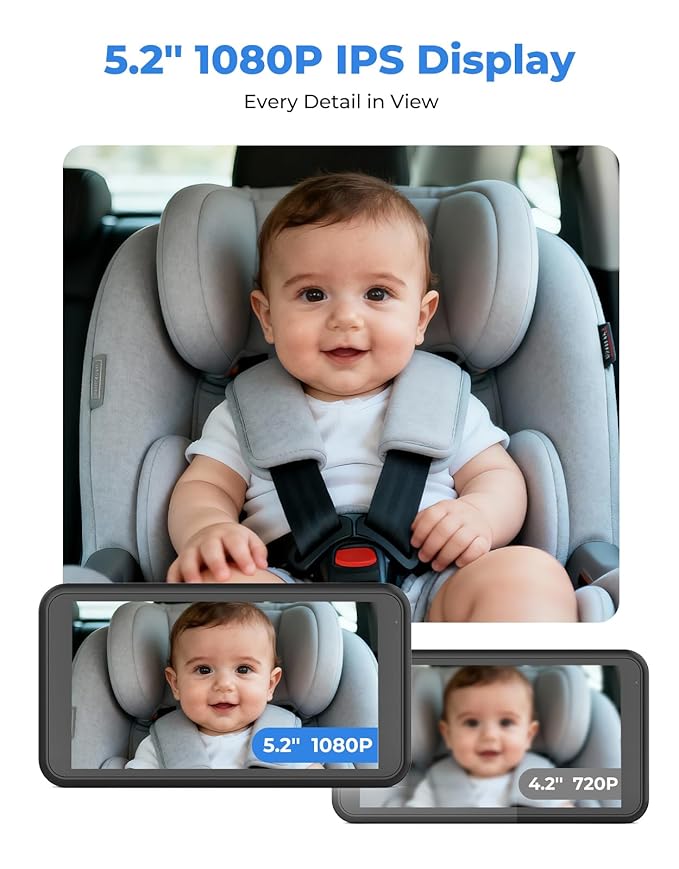 BM2A Baby Car Camera – 3X Zoom to See Baby Clearly, 5.2" 1080P Display & Auto IR Night Vision, Rear-Facing View Monitor, Easy Install for Parents & Pet Owners