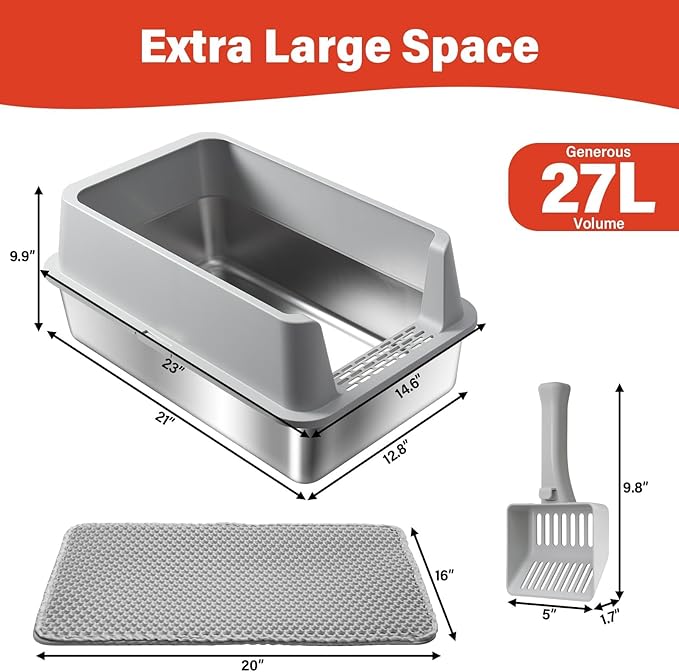 2PACK Stainless Steel Litter Box, Metal Litter Box with High Sides Lid, XL Large Cat Litter Boxes for Big Cats, Never Absorbs Odors, Anti-Urine Leakage, Easy Cleaning, Non-Stick, Include Scoop and Mat