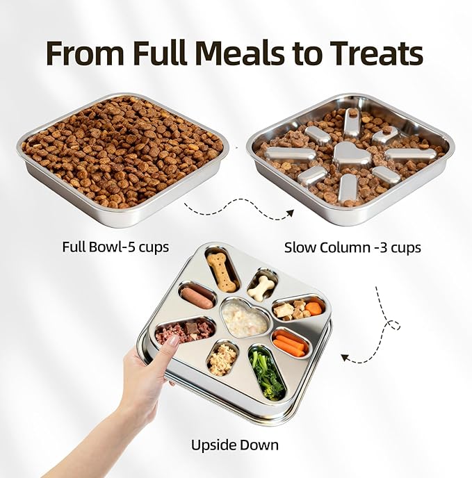 Stainless Steel Slow Feeder Dog Bowls Large & Medium Breed 3 Cups, Food Grade 304, Non-Slip Base, Deep Ridges to Slow Eating, Metal Slow Feeder Dog Bowls, Dishwasher & Chew-Proof & Rustproof