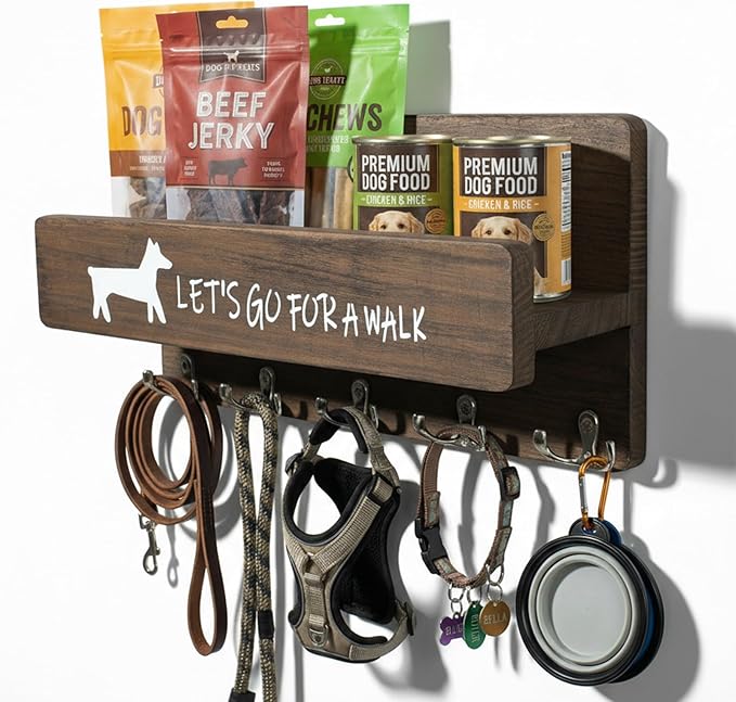 Wood Dog Leash Holder for Wall, Key Hangers with 5 Double Key Hooks, Dog Leash Hanger Wall Mounted for Entryway, Farmhouse Treats,35cm,Brown