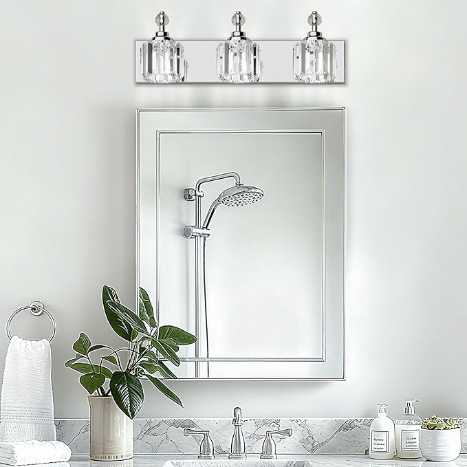 3-Light Bathroom Vanity Light - Crystal Bathroom Lighting Fixtures Over Mirror with 60w(Max) E12 Base, 42pcs Crystal Sheet, Chrome Vanity Lights for Bath Room