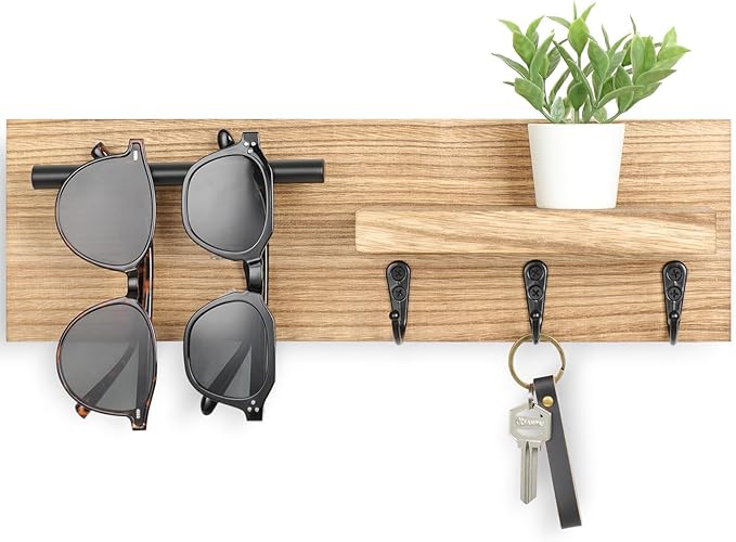 Key Holder for Wall, Decorative Entryway Shelf with Hooks Holds Keys, Dog Leash, Sunglasses – Key Hanger with 3 Hooks Organizes, Enhances Home Decor (15” x 4.5” x 2.6”) (Wood)
