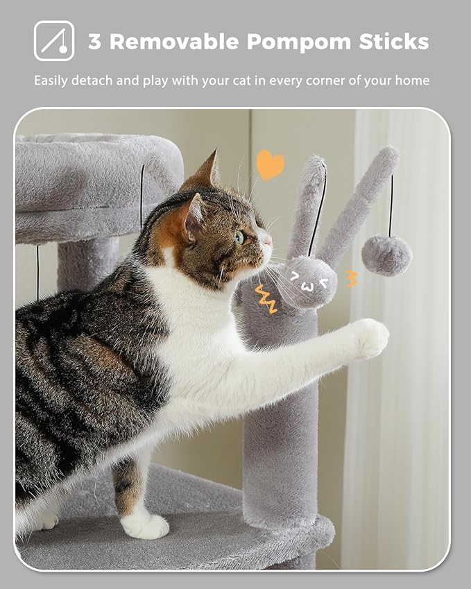 Cat Tree for Large Cats, 59-inch Tall Cat Tower with 3 Removable Pompom Sticks, Condo, Large Hammock, Scratching Post & 2 Perches, Grey