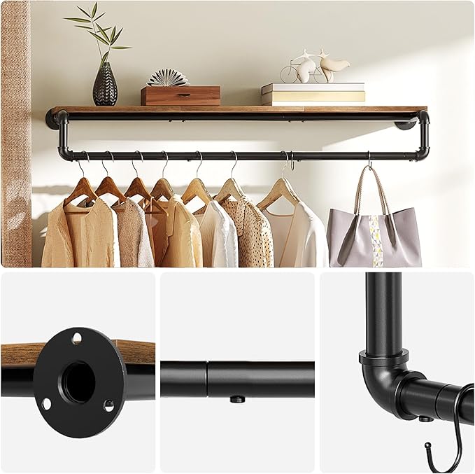 Pipe Clothes Rack, 43.3 in Wall Mounted Garment Rack with Top Shelf, Industrial Clothing Rack with Hanging Rod, Heavy Duty Detachable, Space Saver Hanging Clothes Rack, Rustic Brown FS11BRY1