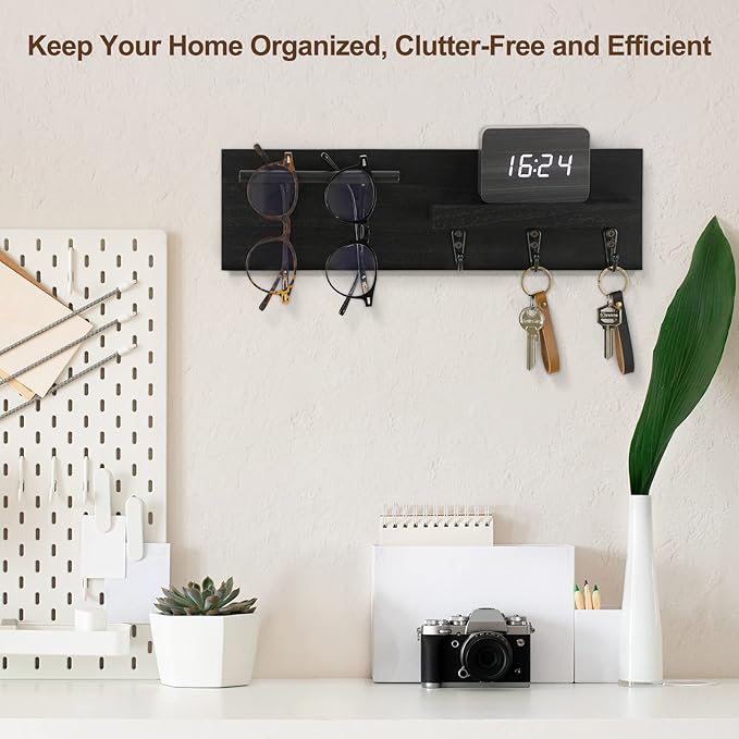 Key Holder for Wall, Decorative Entryway Shelf with Hooks Holds Keys, Dog Leash, Sunglasses – Key Hanger with 3 Hooks Organizes, Enhances Home Decor (15” x 4.5” x 2.6”) (Black)