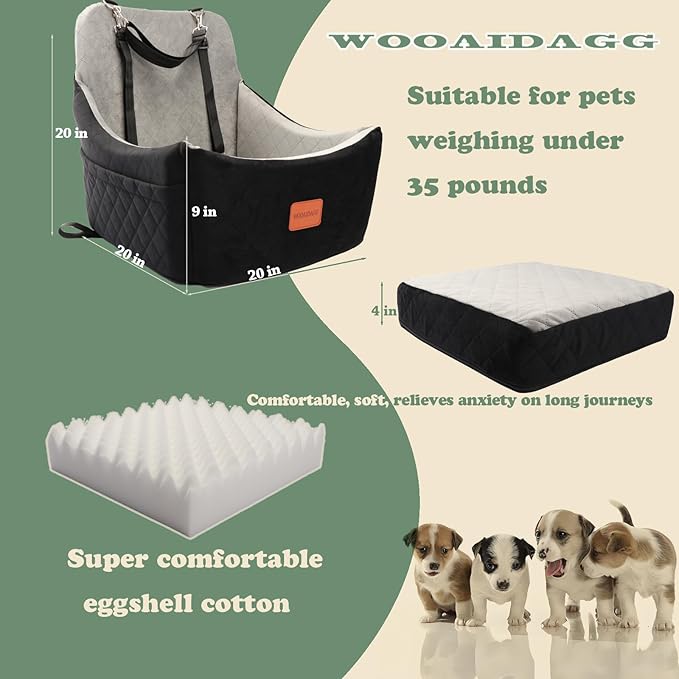 Dog Car Seat for Medium Sized Dog,Pet Travel Car Bed with Seat Belt Channle,Fully Detachable and Washable Car Dog Seat with Adjustable Straps,3 Straps Easy to Install (Black/Grey)