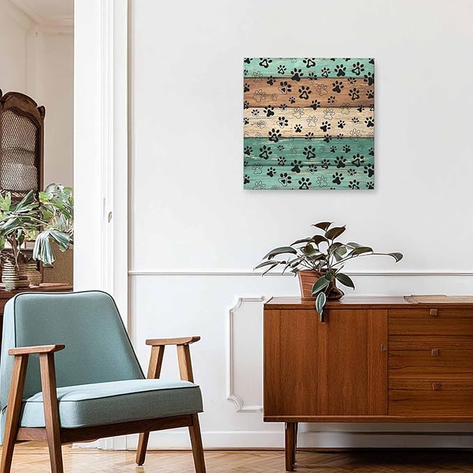 Framed Canvas Wall Art for Living Room Dog Paw Print Wall Decor, Retro Brown Sage Green Wood Grain Aesthetic Paintings for Bedroom Office Kitchen Bathroom, Ready to Hang Wall Pictures 16x16 Inch