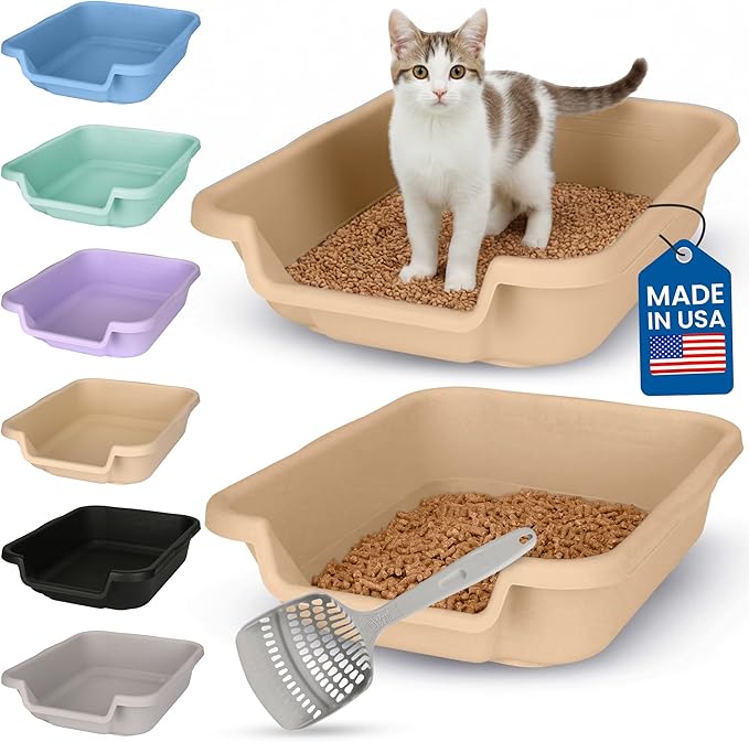 KittyGoHere Senior Cat Litter Box, Small Litter pan with Long-Handle Jumbo Scoop, Open Top Low Entrance Kitty Litters Box, Lightweight Low Entry Litter Box, Durable, Made in USA (2 Pack - Beach Sand)
