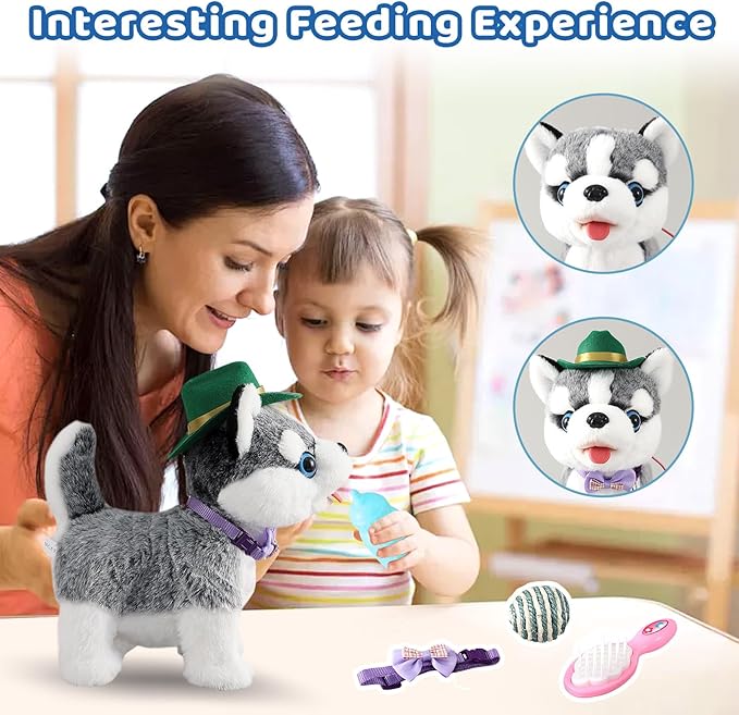 Walking Husky Barking Dog Toy for Child Kid Licking Talking Puppy with Leash, Interactive Puppy that Barks Tail Wagging Plush Robot Dog Singing Electric Pet Pretend Dress Up Christmas Boy Girl Gift