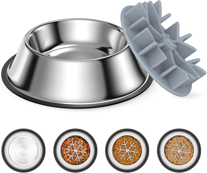 ORIA Slow Feeder Dog Bowl Set, Stainless Steel Dog Food Bowl with Slow Feeder Insert, Pet Water Bowls with Non-Slip Base for Small Medium Breeds, Holds Up to 2 Cups, M