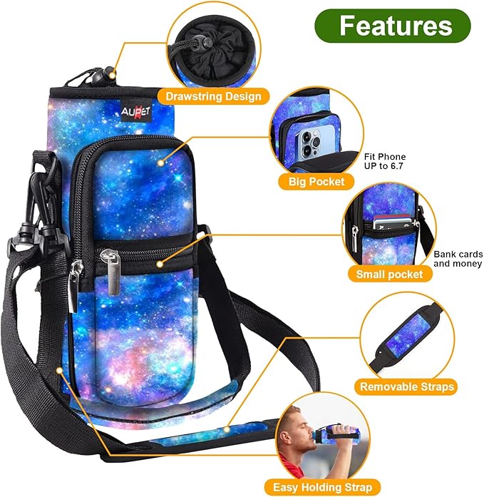 AUPET Water Bottle Sling Bag Sleeve Holder Carrier 25/32/40/64 oz,Insulated Crossbody Water Bottle Case Cover with Strap and Pockets for Men/Women Walking Hiking