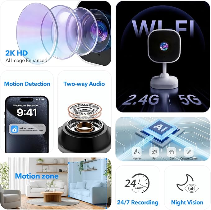 2K Cameras for Home Security Dual-Band 5G/2.4GHz WiFi Security Indoor Camera for Baby Pet Dog Cat Elder AI Motion Detect 2-Way Audio Night Vision 24/7 Local Recording SD Cloud Storage 4 Pack