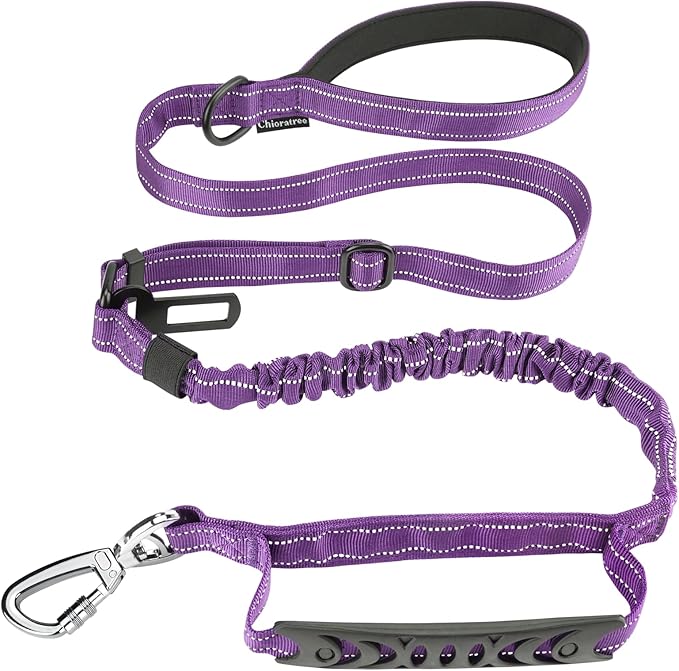 Heavy Duty Dog Leash for Medium Large Dogs That Pull,4-6FT Shock Absorbing Bungee Tactical Dog Leash with Control Padded Handle and Car Seatbelt, Reflective Lead for walking training,Purple