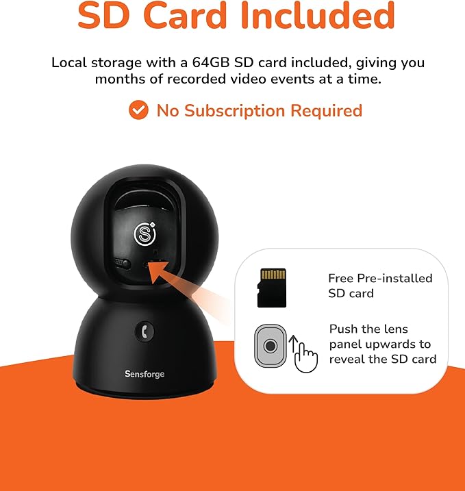SensForge 2.5K Indoor Pan-Tilt Dome Security Camera, 360° Coverage, AI Human & Pet Detection, Two-Way Talk, Dual-Band Wi-Fi (2.4G/5G), 64GB SD Card, Free Basic Plan, Optional Subscription (1, Black)
