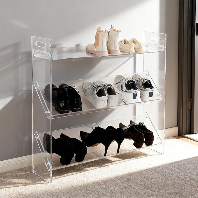 3-Tier Acrylic Shoe Rack, Shoe Organizer for Entryway Closet, Sturdy Display Shelf for Sneakers Boots, Space-Saving Storage Solution, 27.6" x 6.7" x 27.2" (Clear)