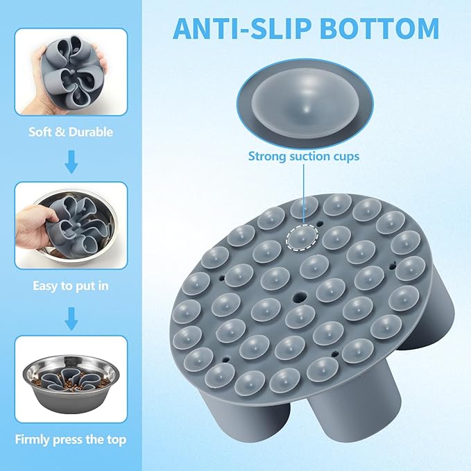 Slow Feeder Dog Bowls Insert, Bestalk Soft Silicone Slow Eating Dog Bowl Insert with Suction Cups for Small, Medium and Large Dogs(Grey L)