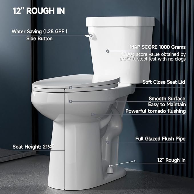 Elongated Extra Tall Toilet 21 Inch for Seniors 1.28 GPF Tornado Single Flush - Two Piece Comfort High Toilet for Bathroom, 20.5 Inch Bowl Height 21.25 Inch Seat Height, 12" Rough In, White