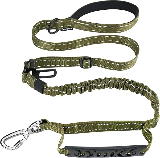Tactical Dog Leash Heavy Duty, 4-6FT Shock Absorbing Bungee Dog Leash, Reflective Military Strong No Pull Dog Leash with 2 Padded Handle and Car Seatbelt for Medium Large Dogs, Army Green