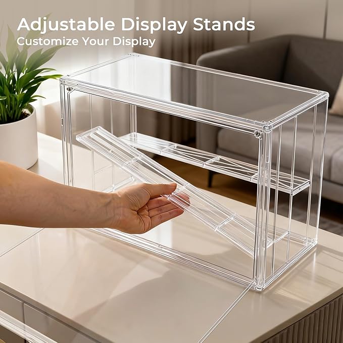 Clear Acrylic Display Case for Collectibles 3 Layer Adjustable Figure Display Box with 2 Movable Plates, Stackable Figurine Display Shelf with Magnetic Door for Action Figures, Funko (Large-1pcs)