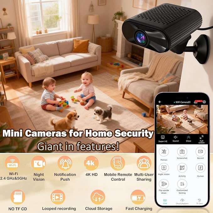 Mini HD 4K Wireless Camera Portable Nanny Cam with Night Vision, Motion Detection, and Phone App Live View - Compact Security Pet Camera for Home/Office 24/7 Cycle Save Video (Small)