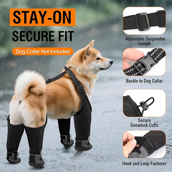 Dog Suspender Boots with Fleece Lining, Waterproof Dog Snow Boots Anti-Slip Rubber Sole Dog Booties and Paw Protectors Winter Shoes for Dogs Legging Dog Shoes for Small Medium Large Dogs(B,4)