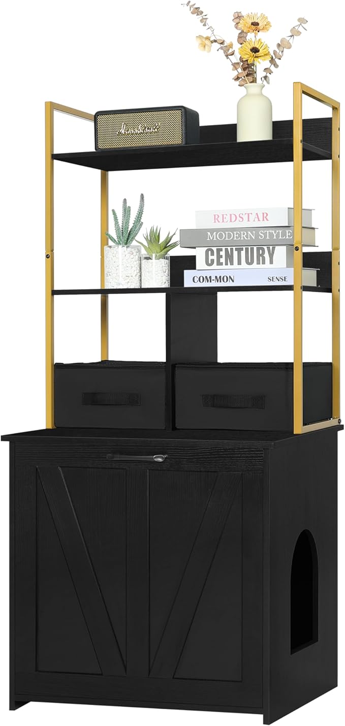 DWANTON Litter Box Enclosure with 2 Storage Shelves and 2 Drawers, 2-in-1 Hidden Cat Litter Box Enclosure Furniture with Shelf, Reversible Entrance, Washable Drawers, 50-Inch, Black+Gold