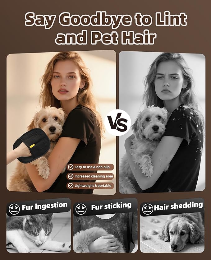 Pet Hair Removal Gloves, Upgraded Pet Hair Grooming Brush for Cats & Dogs, Reusable Electrostatic Pet Hair Remover Tool for Animal Fur, Furniture, Clothing, Carpets, Curtains (Black-3pcs)