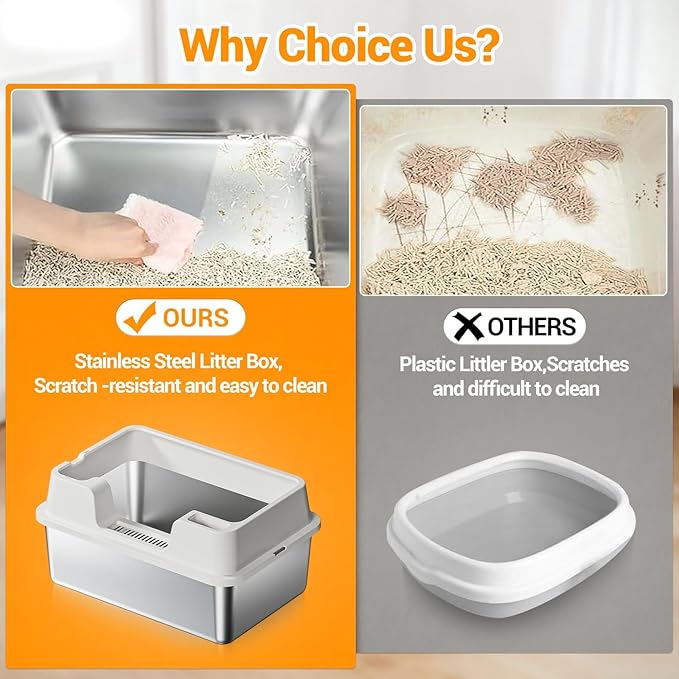 Enclosed Stainless Steel Cat Litter Box with Lid, XL Extra Large Litter Box for Big Cats, Metal Litter Pan High Sided, Never Absorbs Odors, Anti-Urine Leakage, Easy Cleaning, Include Scoop