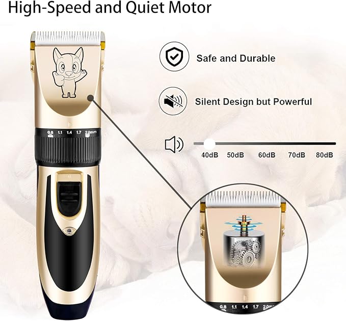 Highdas Dog Grooming Kit Clippers, Low Noise, Electric Quiet, Rechargeable, Cordless, Pet Hair Thick Coats Clippers Trimmers Set, Suitable for Dogs, Cats, and Other Pets (Gold)