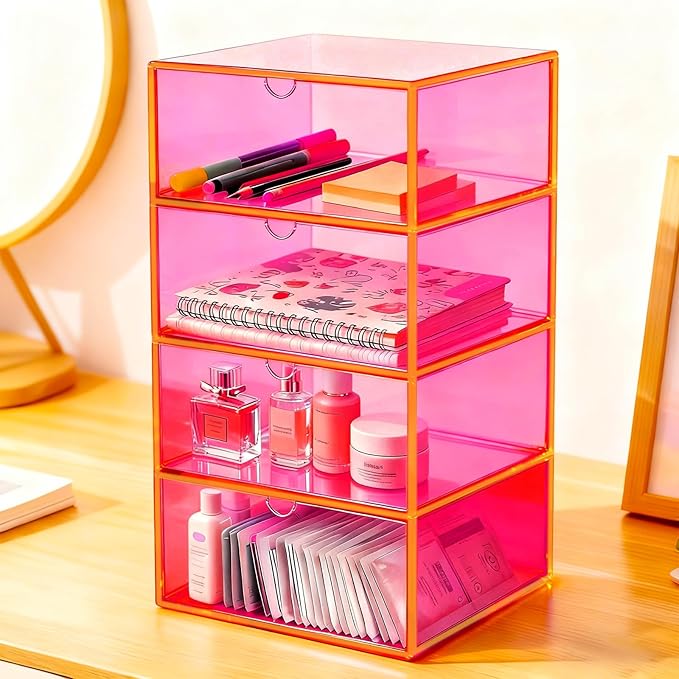 Acrylic Desk Organizer with Drawers Stackable Makeup Organizer for Vanity Office Countertop Cosmetic Display Cases Makeup Storage Box, Neon Pink