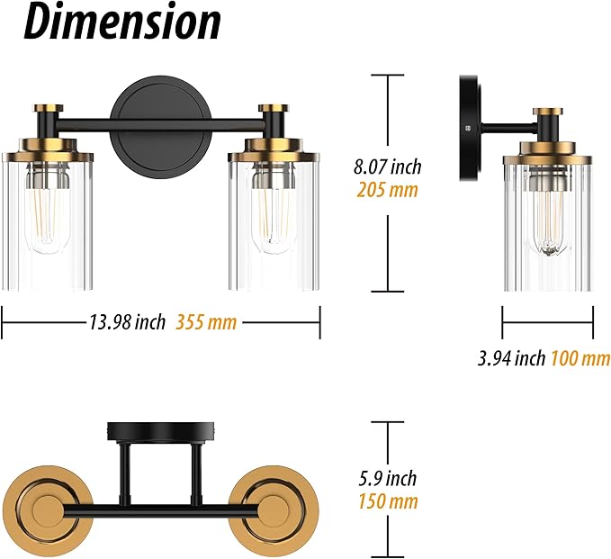 Bathroom Lighting Fixtures Black and Gold Bathroom Vanity Light with Cylindrical Clear Stripes Glass Lampshade E26 Socket Base Bathroom Lighting Fixtures Over Mirror (2 Lights)