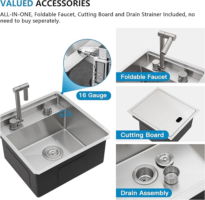 18 Inch RV Kitchen Sink - Fulorni 18"x18" Outdoor RV Camper Mobile Wet Bar Prep Sink Undermount 16 Gauge Stainless Steel Single Bowl Basin with Foldable Faucet
