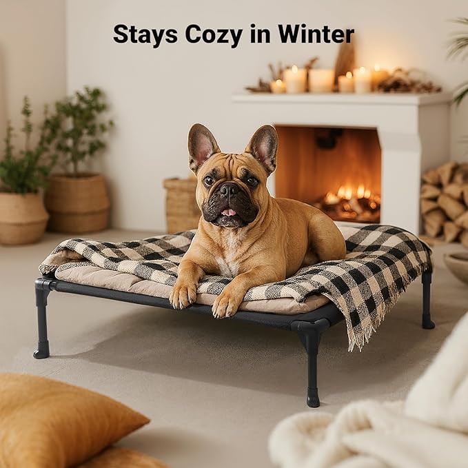 Veehoo Outdoor Elevated Dog Bed for Medium Dogs, Cooling Raised Dog Cots Beds Training Platform Off Ground Hammock with Breathable Mesh, No-Slip Feet, 32"x25", Beige Coffee