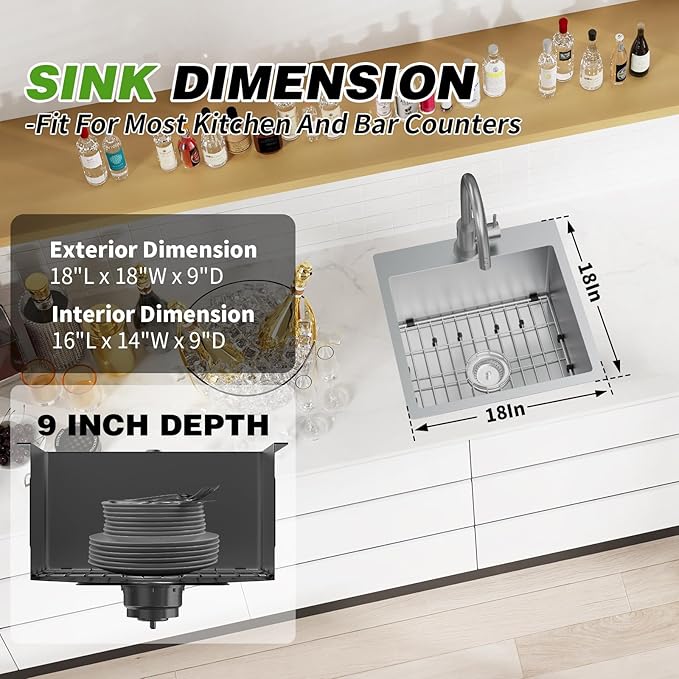 Kitchen And Bar Sink, 18x18 Inch Stainless Steel Drop In Modern Single Bowl Small Kitchen And Bar Sink Combo-SS Grid,Silicon Mat,Drain Strainer Set Compatibility With Various Modern&Classic Style