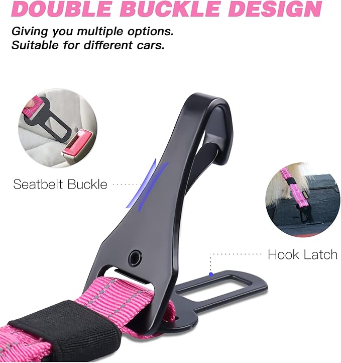 AUBELL Dog Seat Belt for Car,Updated 3-in-1 Adjustable Reflective Bungee Heavy Duty Dog Car Harness Tether with Clip Hook Latch & Buckle,Swivel Zinc Alloy Carabiner,Hotpink