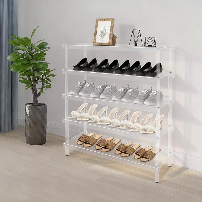 5-Tier Acrylic Shoe Rack in Clear Pink, 22 lbs per Shelf, 5mm Thick Modern Shoe Organizer for Entryway, Living Room, Closet Storage (Clear)