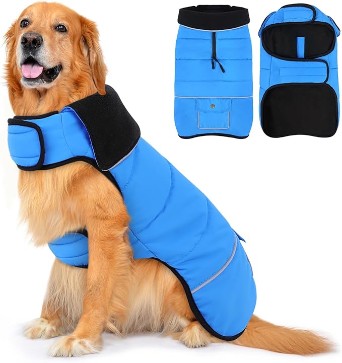 Dog Coat, Large Dog Jacket, Windproof Dogs Puffer Jacket, Fleece Lined Warm Dogs Winter Coat with Harness Hole (Blue XL)