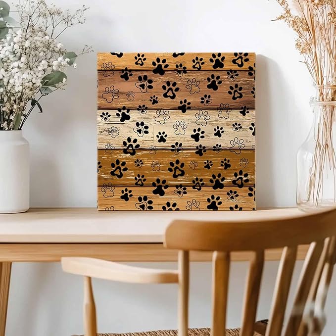 Framed Canvas Wall Art for Living Room Dog Paw Print Wall Decor, Retro Brown Yellow Wood Grain Aesthetic Paintings for Bedroom Office Kitchen Bathroom, Ready to Hang Artwork Wall Pictures 8x8 Inch