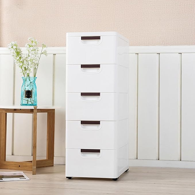 Plastic Drawers Dresser Storage Cabinet with Wheels,5 Drawer Stackable Vertical Clothes Storage Tower,Organizer Unit for Bathroom Entryway Bedroom Living Room,White