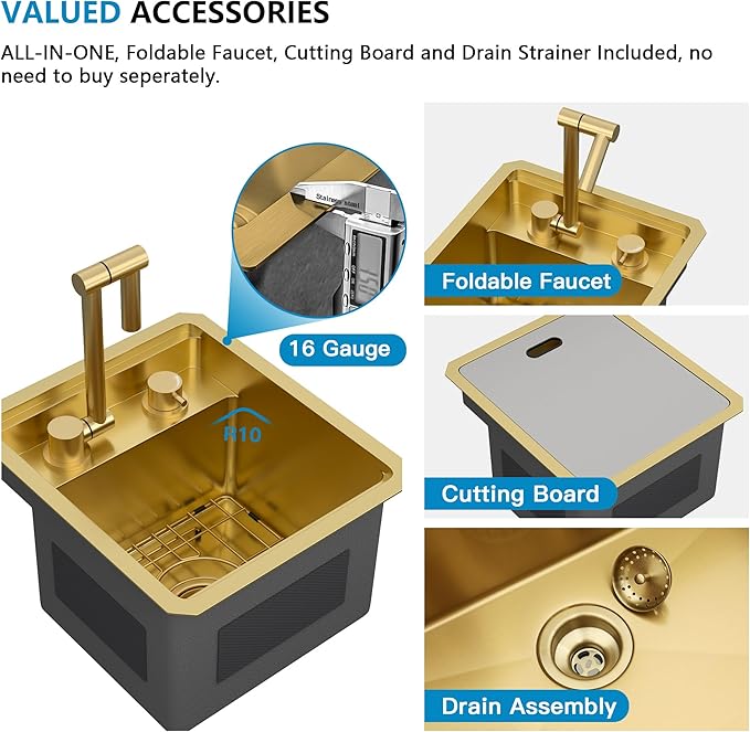 13"x15" Small RV Kitchen Sink – 16 Gauge 304 Stainless Steel Brushed Gold NANO-PVD Undermount Single Bowl Sink with Foldable Faucet, for RV, Camper, Mobile Home, Wet Bar