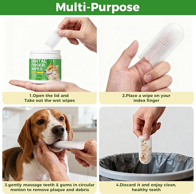 Dog Teeth Cleaning Wipes, Dog Tooth Brushing Kit for Dogs & Cat, Dog Dental Wipes, Cat Wipes, Dog Toothbrush and Toothpaste Alternatives (60 Counts)