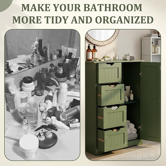 Karl home Freestanding Bathroom Floor Cabinet, Narrow Slim Skinny Storage Unit with 4 Drawers & 1 Cupboard, Towel Organizer for Bathroom, Compact Bath Storage, Forest Green