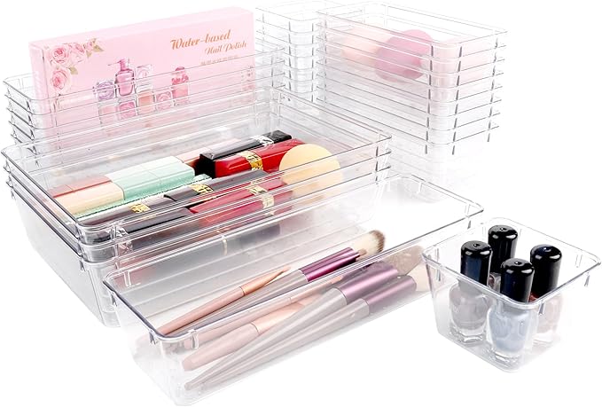 6 Pack Clear Drawer Organizer Set,Desk Drawer Storage Tray,Vanity Organizer Storage Bins Containers