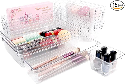 Drawer Organizer with Non-Slip Silicone Pads Set of 15,Clear Plastic Vanity Organizer Storage Bins Containers,4 Size Desk Organizer Tray