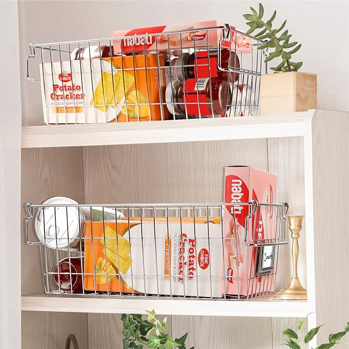 Orgneas Stackable Chest Freezer Baskets Organizer Bins, Metal Wire Baskets Pantry Organizer Vegetables and Fruits Baskets with Tag Slot for Potato Onion Storage